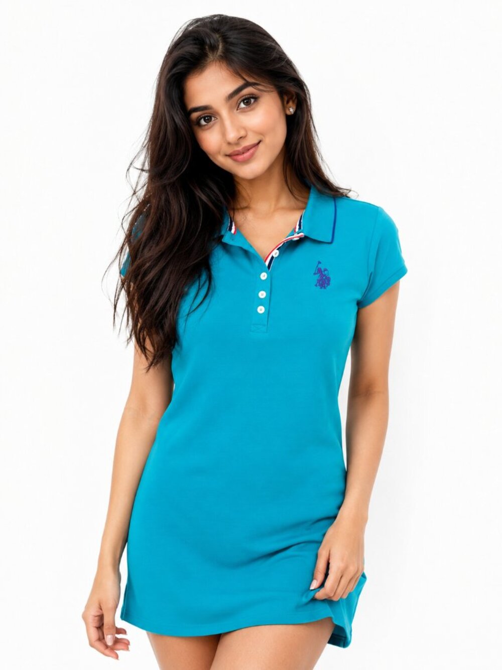 Elegant Teal Polo Dress With Classic Trim | Size L